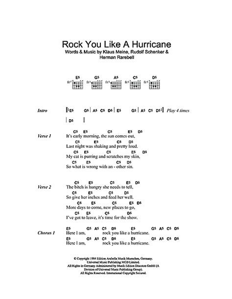Rock You Like a Hurricane Lyrics by Scorpions from the VH1: The Big 80's Big Hair album - including song video, artist biography, translations and more: It's early morning, the sun comes out Last night was shaking and pretty loud My cat is purring, it scratches my skin …